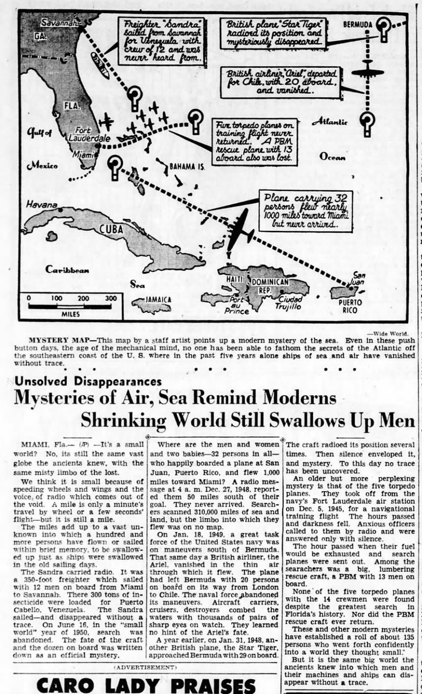 A 1950 newspaper article about mysterious disappearances in the Atlantic, with a small map.