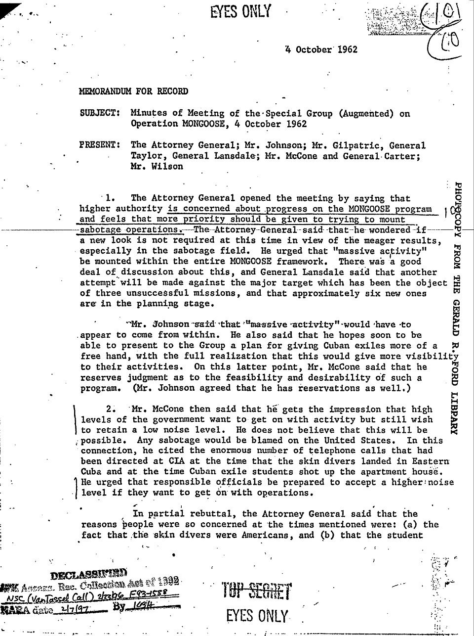 A typed memorandum marked Eyes Only and Top Secret: minutes of the Special Group (Augmented) meeting on Operation Mongoose.