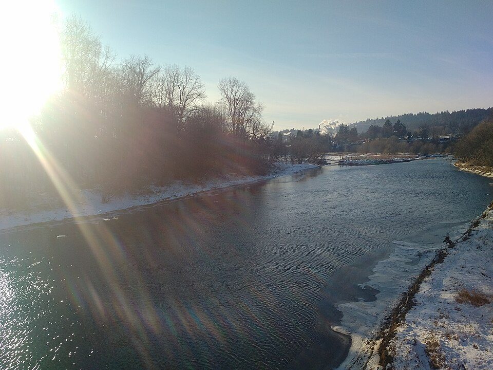 A snowy riverbank along the Washougal River with bare trees and dark water.