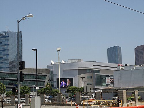 The outside of the Staples Center arena in downtown Los Angeles, with a large video screen, photographed during the memorial service.