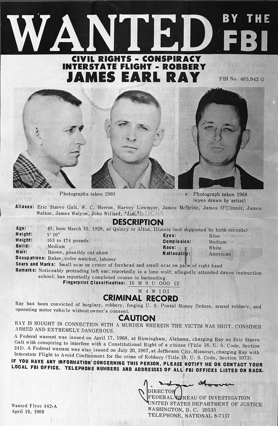 An FBI wanted poster for James Earl Ray with three photos of him and a written description.