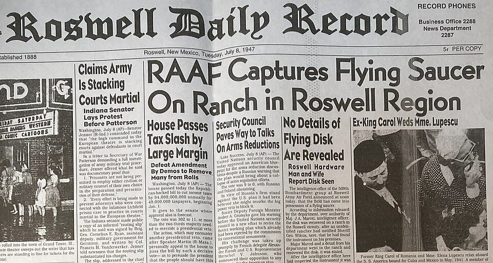 The top of the Roswell Daily Record front page from July 8, 1947, with the headline RAAF Captures Flying Saucer On Ranch in Roswell Region.