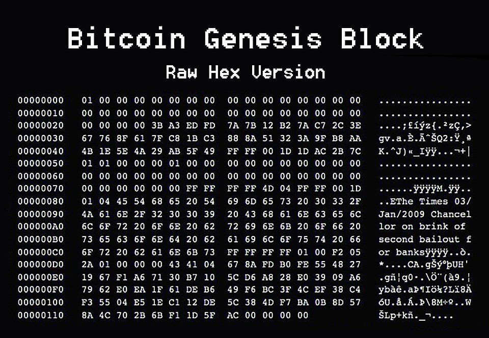 The data of Bitcoin's first block, with the Times headline about a bank bailout visible in the text on the right.