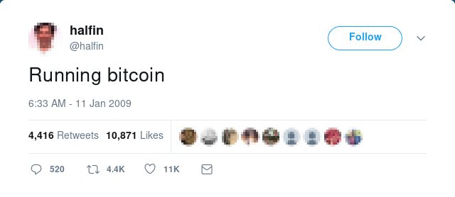 Hal Finney's January 2009 tweet reading "Running bitcoin."